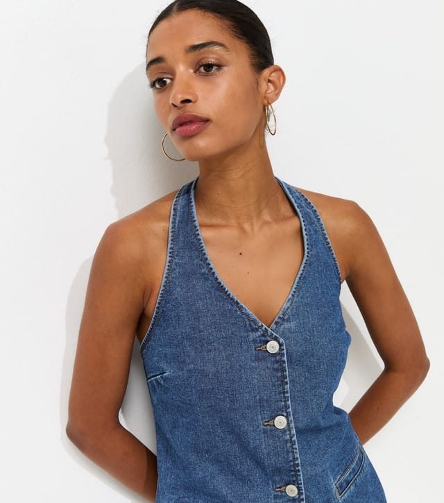 New Look Women's Blue Cotton Longline Halter Neck Waistcoat New Look - 2