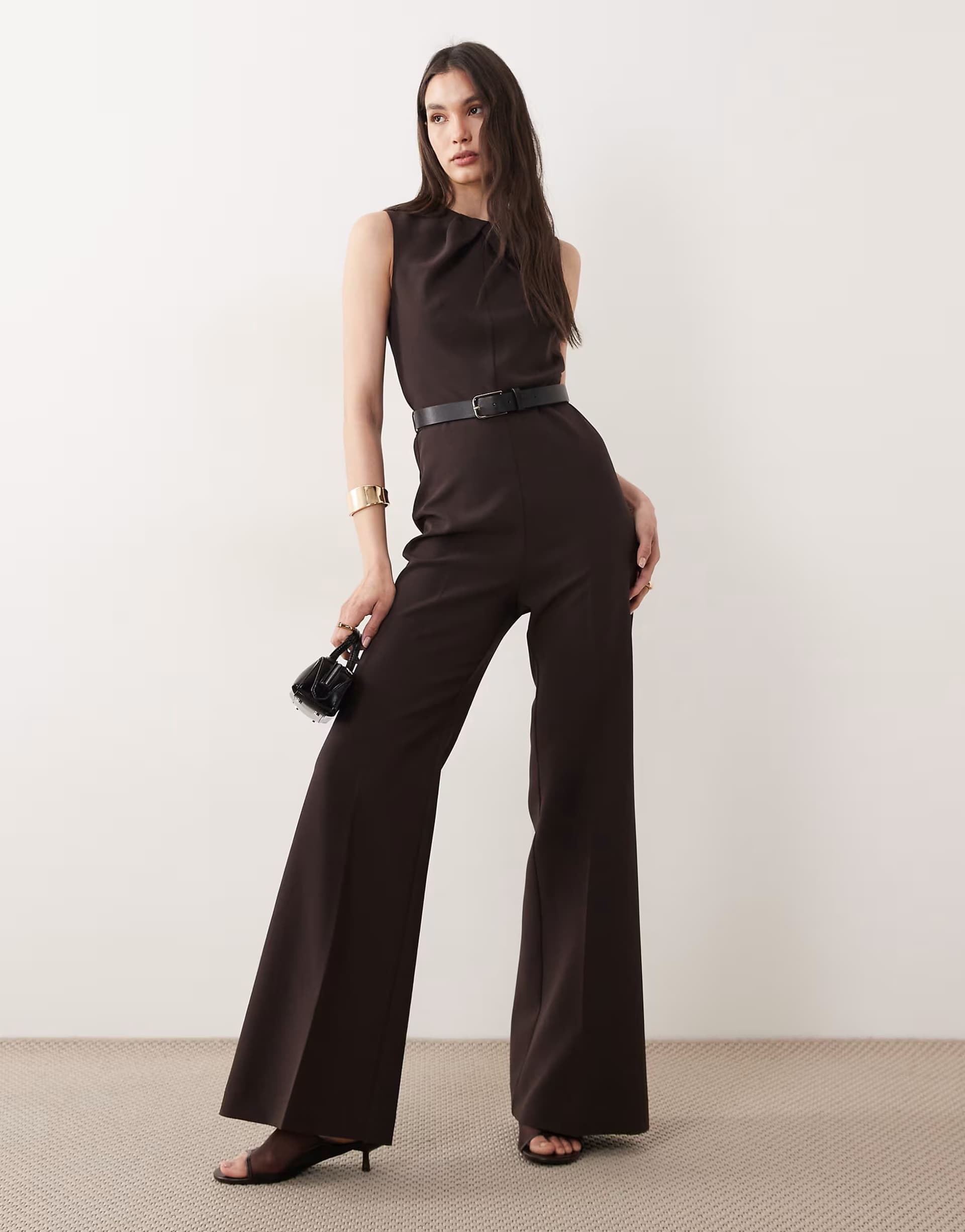 ASOS Mango sleeveless belted jumpsuit in brown