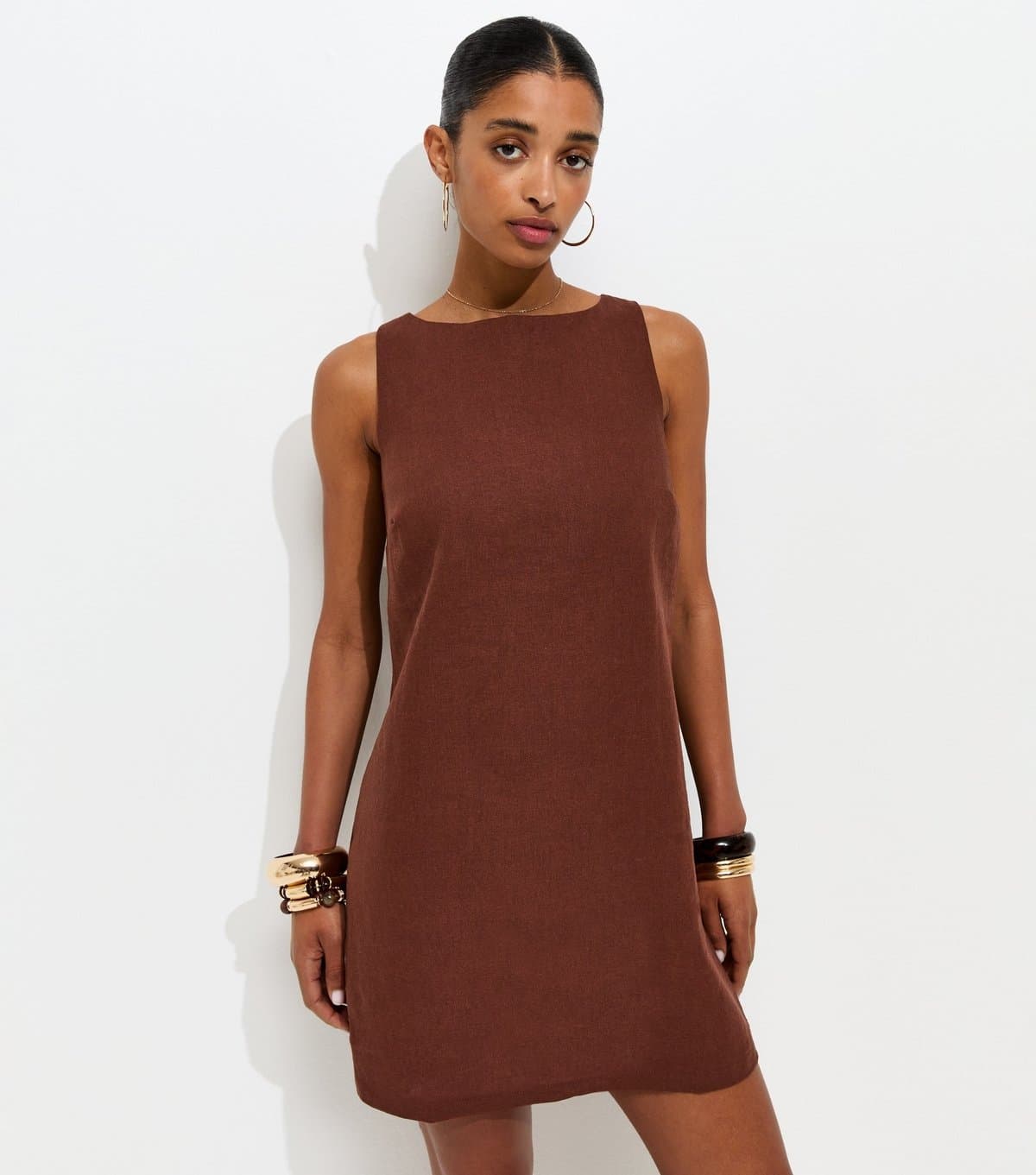 New Look Women's Dark Brown Linen Blend Tie Back Mini Dress New Look