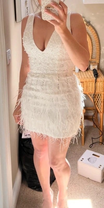LOVE IS White Feather Mini Dress for Weddings