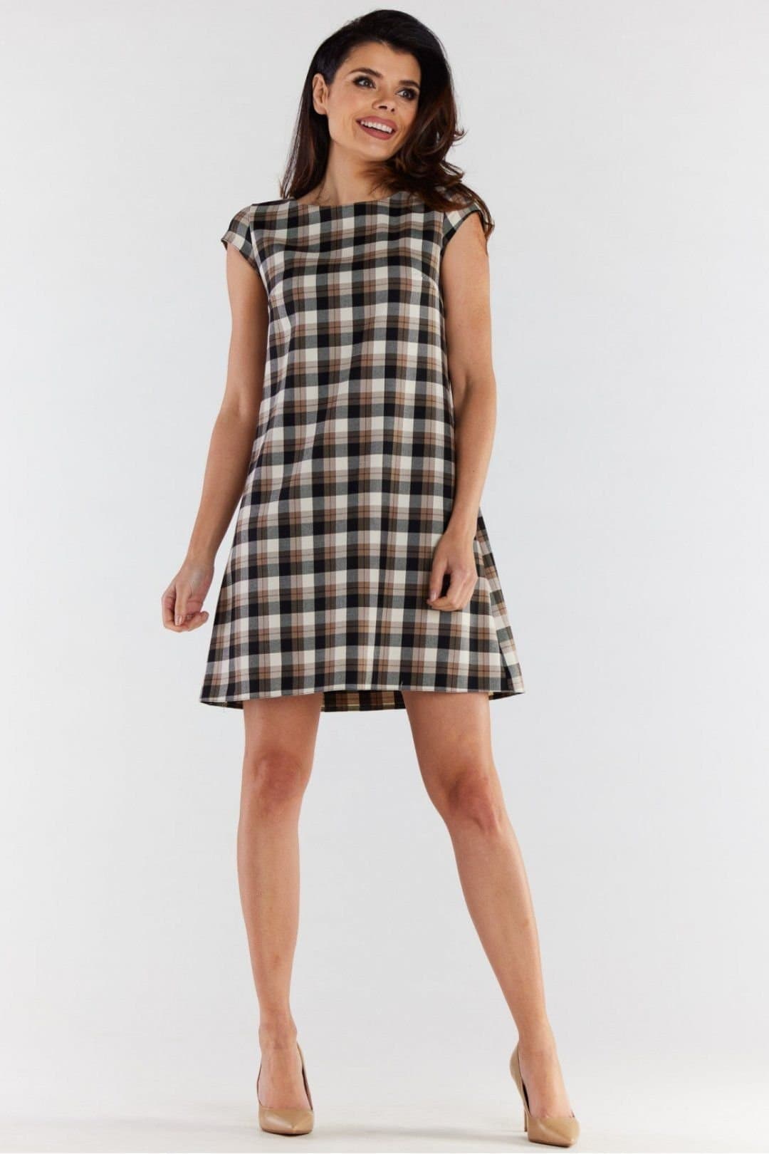 Love Lace Love Lace Women's Elegant Checkered Mini Dress Short Sleeves in Brown