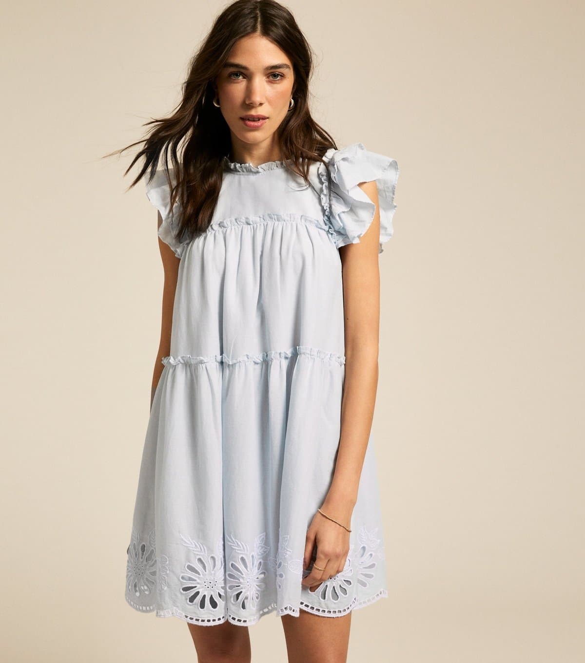 New Look Women's Light Blue Floral Embroidered Frill Trim Mini Dress New Look