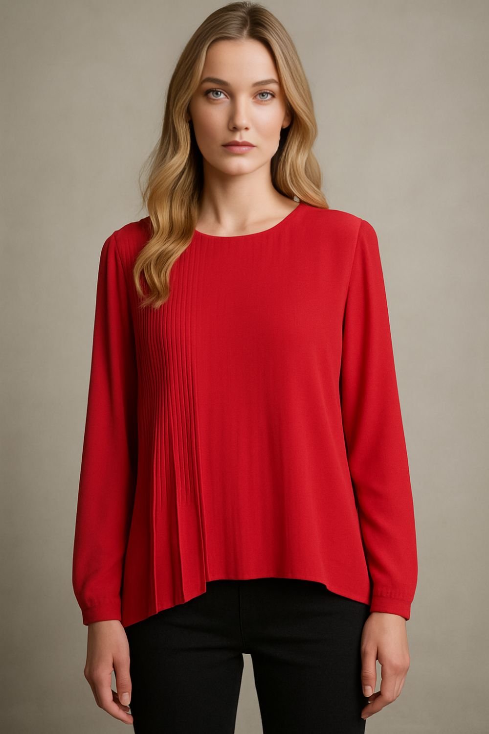 HOXTON GAL HOXTON GAL Women's Long Sleeves Oversized Pleated Top in Red - 2