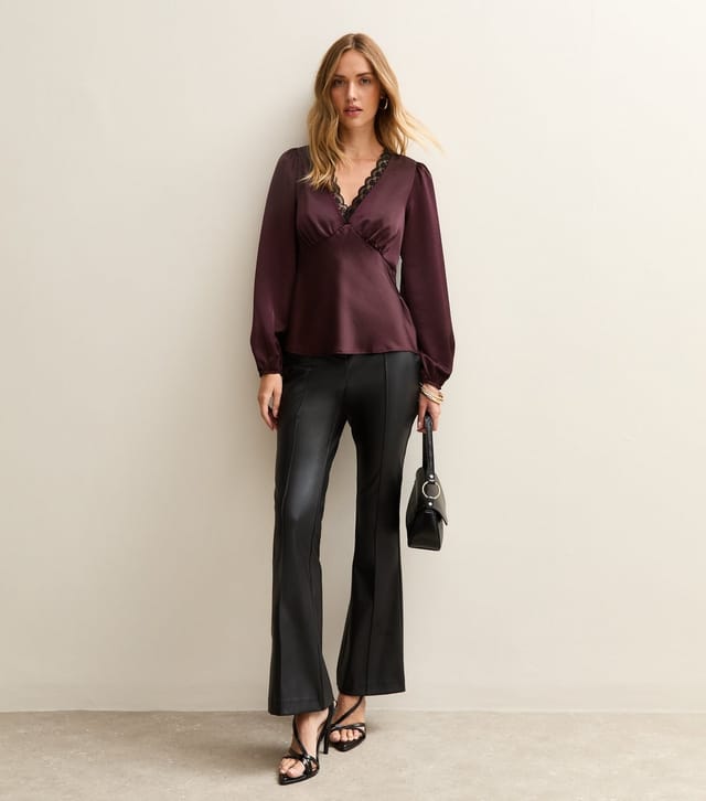 New Look Women's Dark Burgundy Satin Lace Trim Blouse New Look - 3