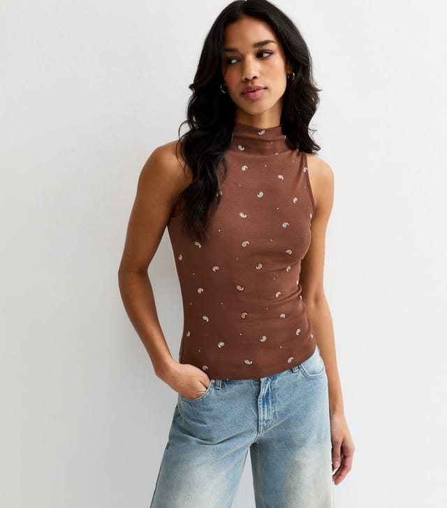 New Look Women's Brown Paisley High Neck Sleeveless Top New Look - 2
