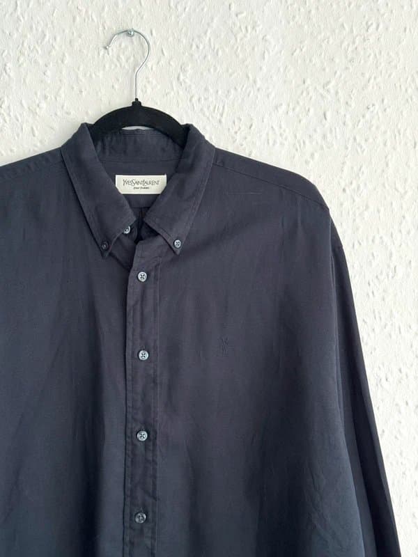 Yves Saint Laurent Men's Vintage Yves Saint Laurent Dark Navy Linen Cotton Button Down - size L