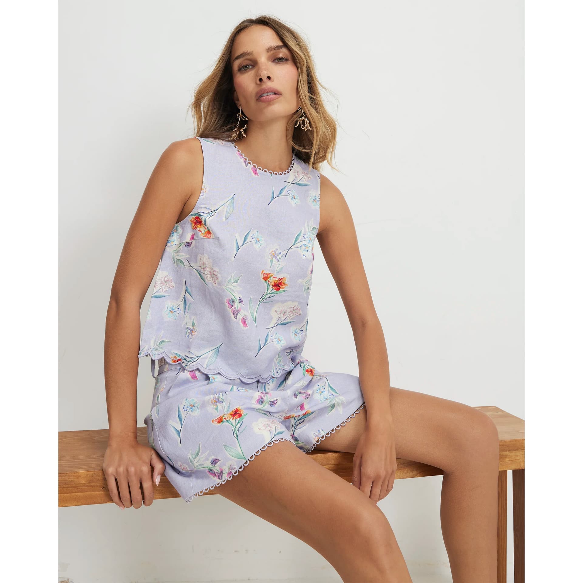 River Island River Island Womens Purple Linen Blend Floral Tank Top
