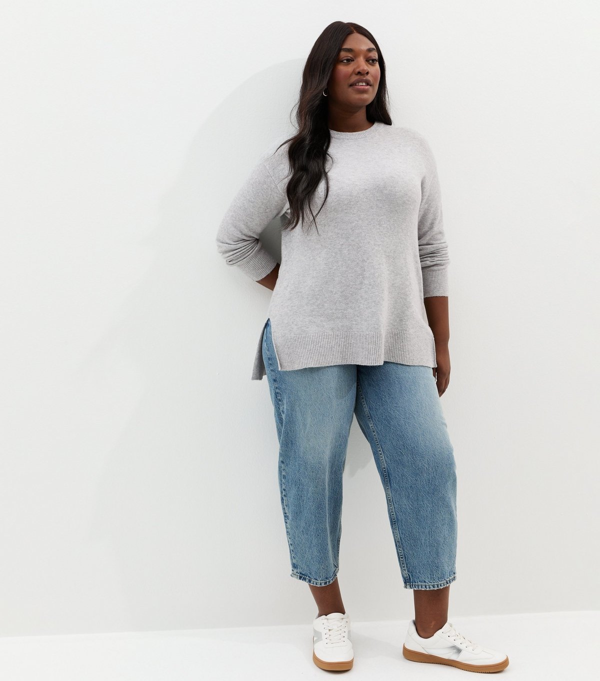 New Look Women's Plus Size Light Grey Crew Neck Split Hem Jumper Curves New Look - 3