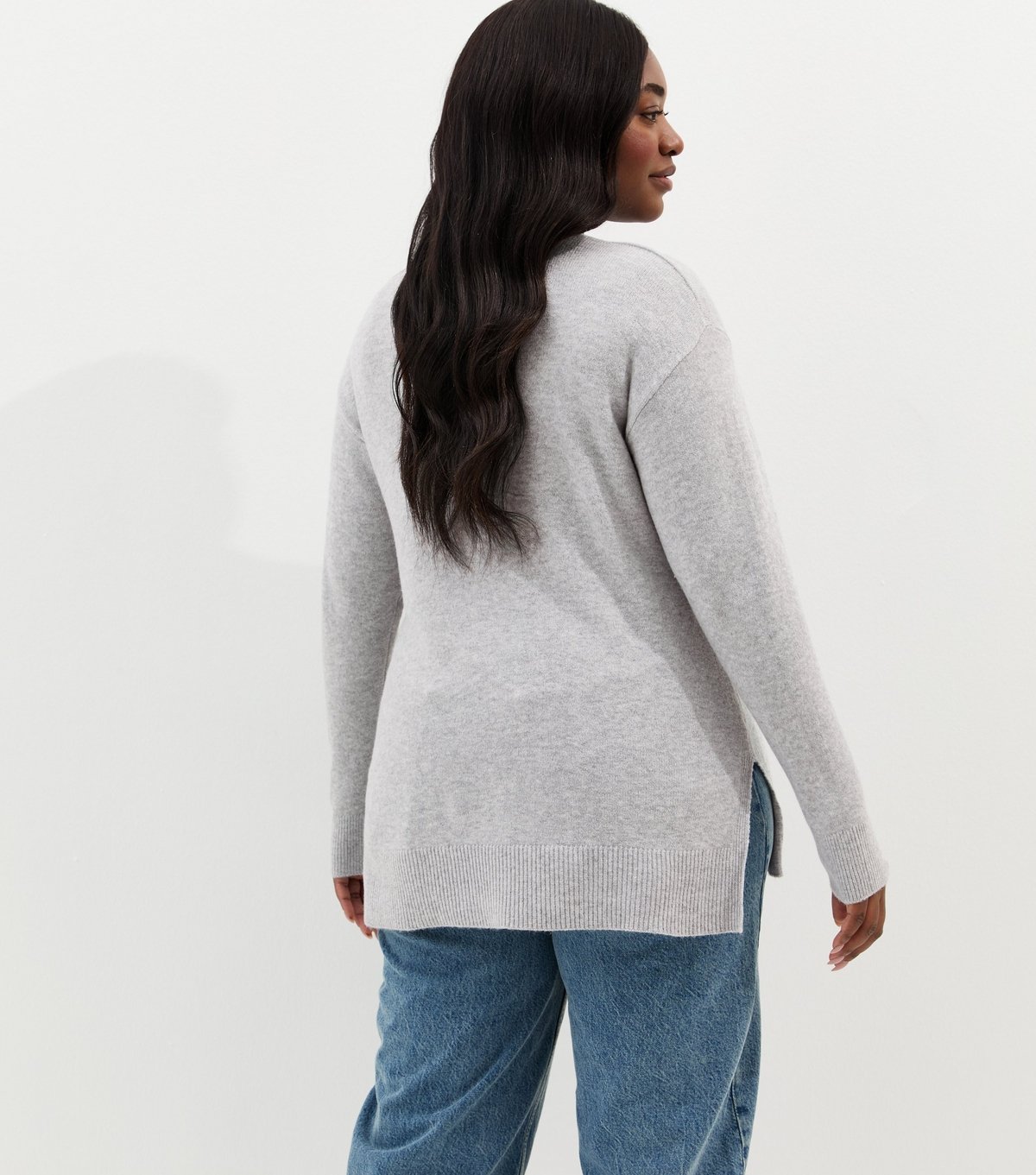 New Look Women's Plus Size Light Grey Crew Neck Split Hem Jumper Curves New Look - 4