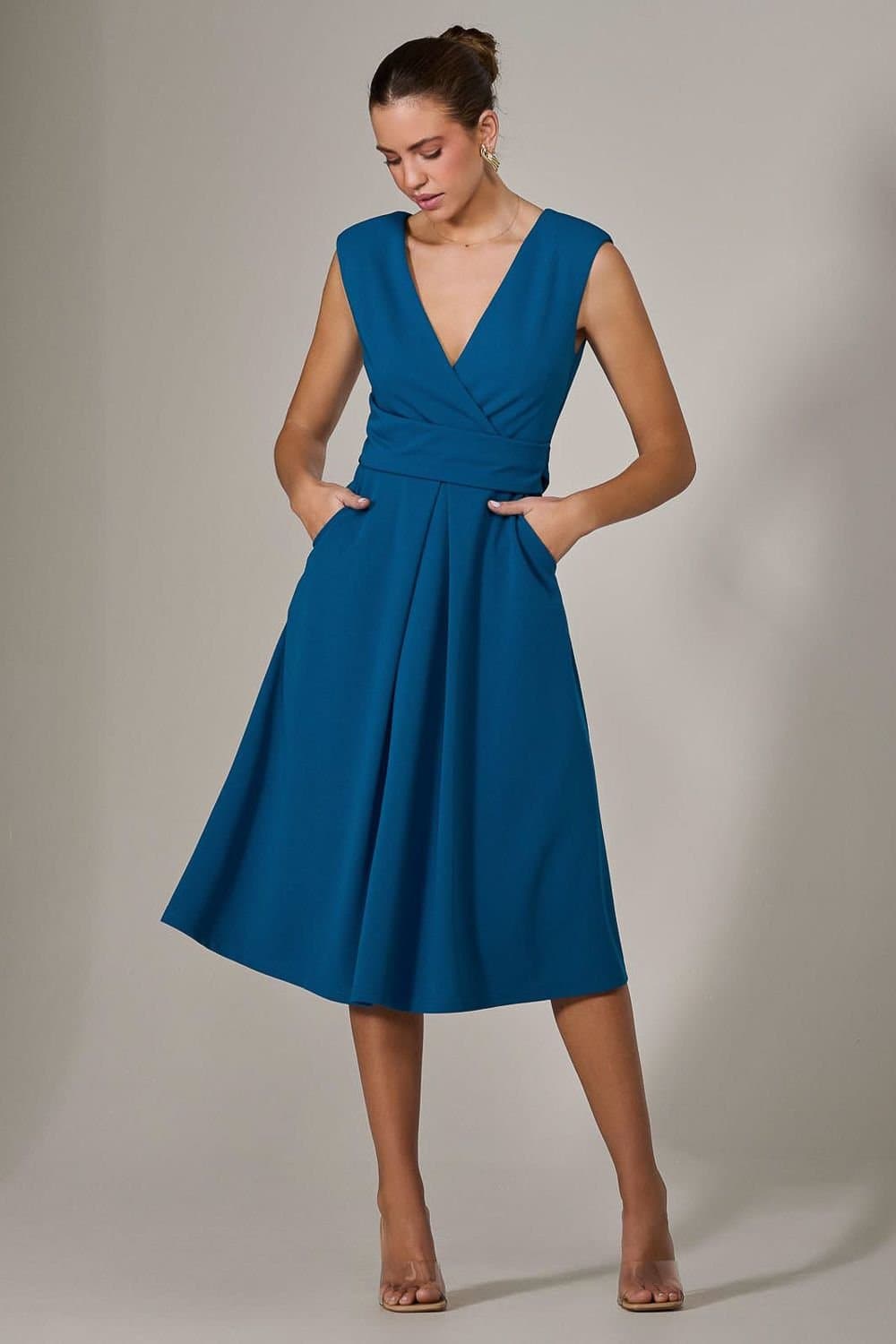 Jolie Moi Jolie Moi Women's Sleeveless Tie Waist Midi Dress in Teal