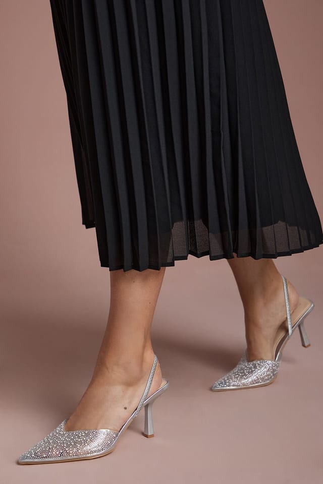 Coast Coast Women's Tilly Diamante & Pearl Sling Back Pointed Court Shoes in Silver - 3