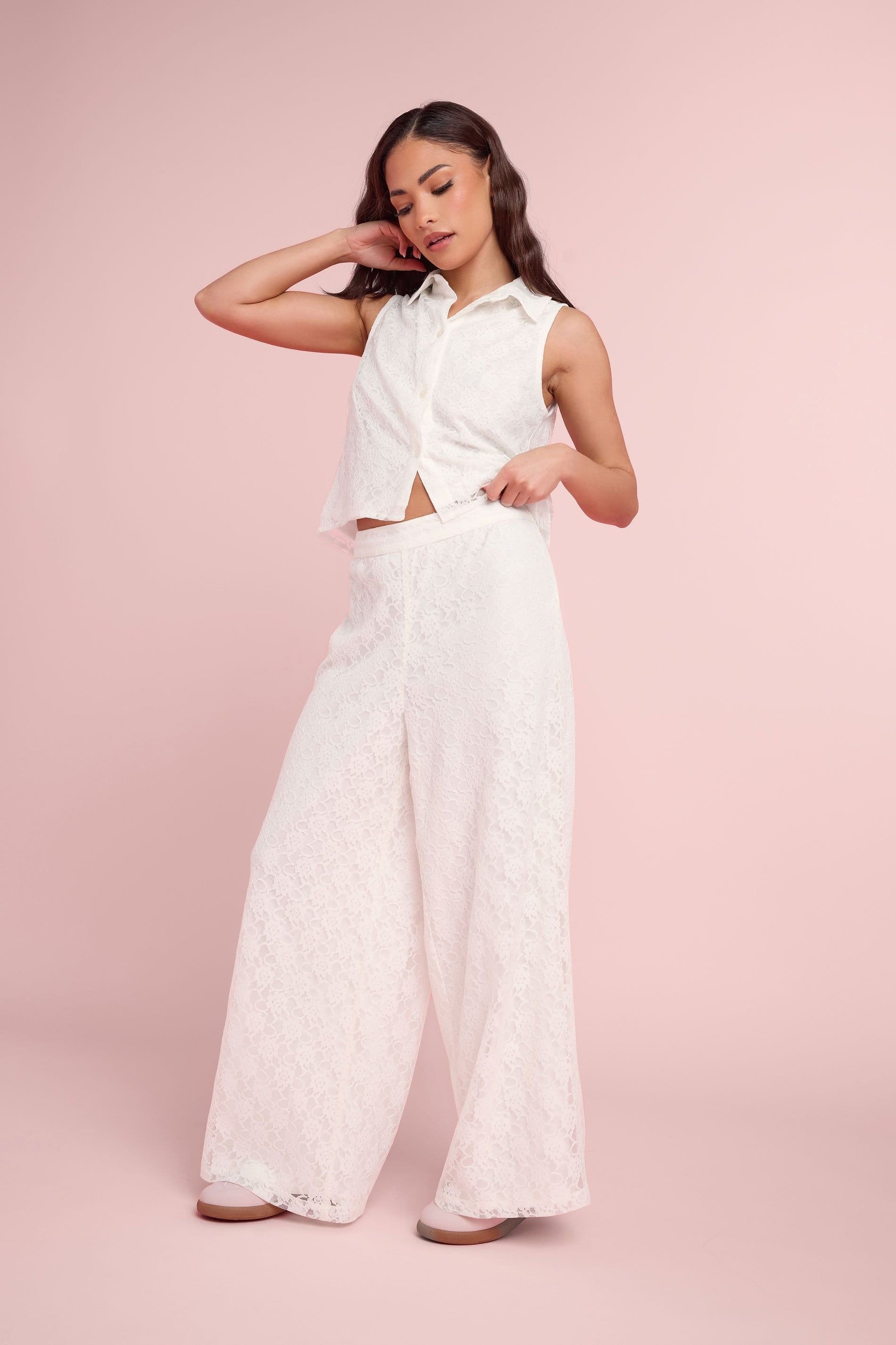 PixieGirl White Lace Lined Shirt & Wide Leg Trousers Set