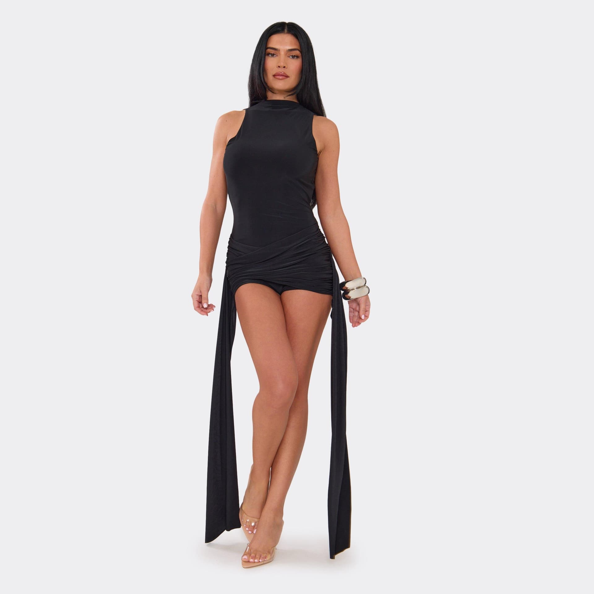 EGO High Neck Open Back Drape Wrap Detail Playsuit In Black, Women's Size UK 6
