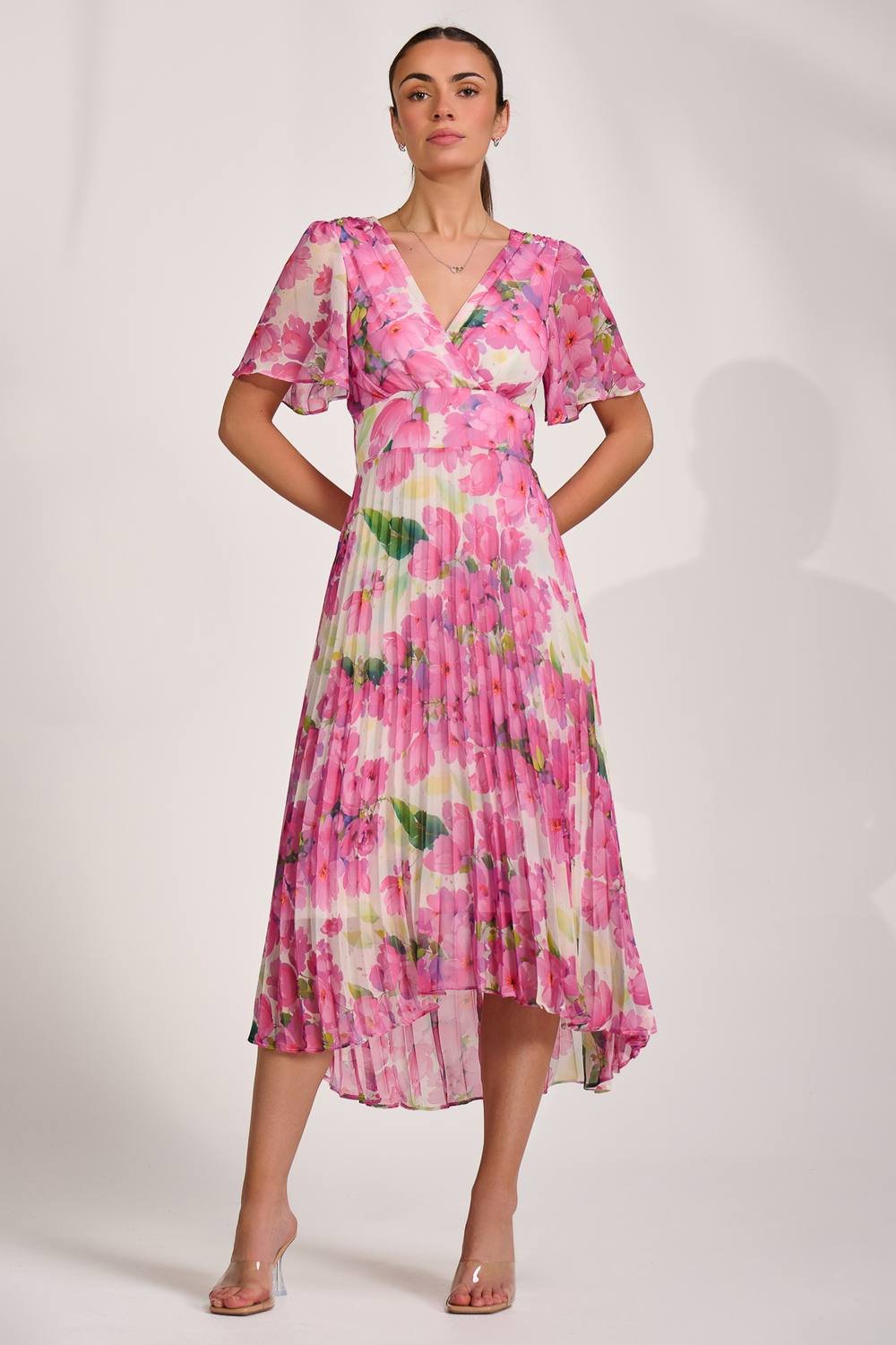 Jolie Moi Jolie Moi Women's Chiffon Pleated Maxi Dress in Bright Pink - 4