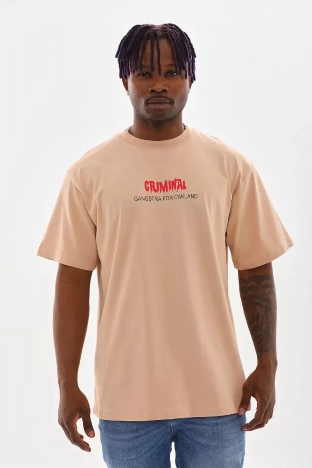 Janes Janes Men's Oversized Crew Neck T-Shirt with Back Print in Beige