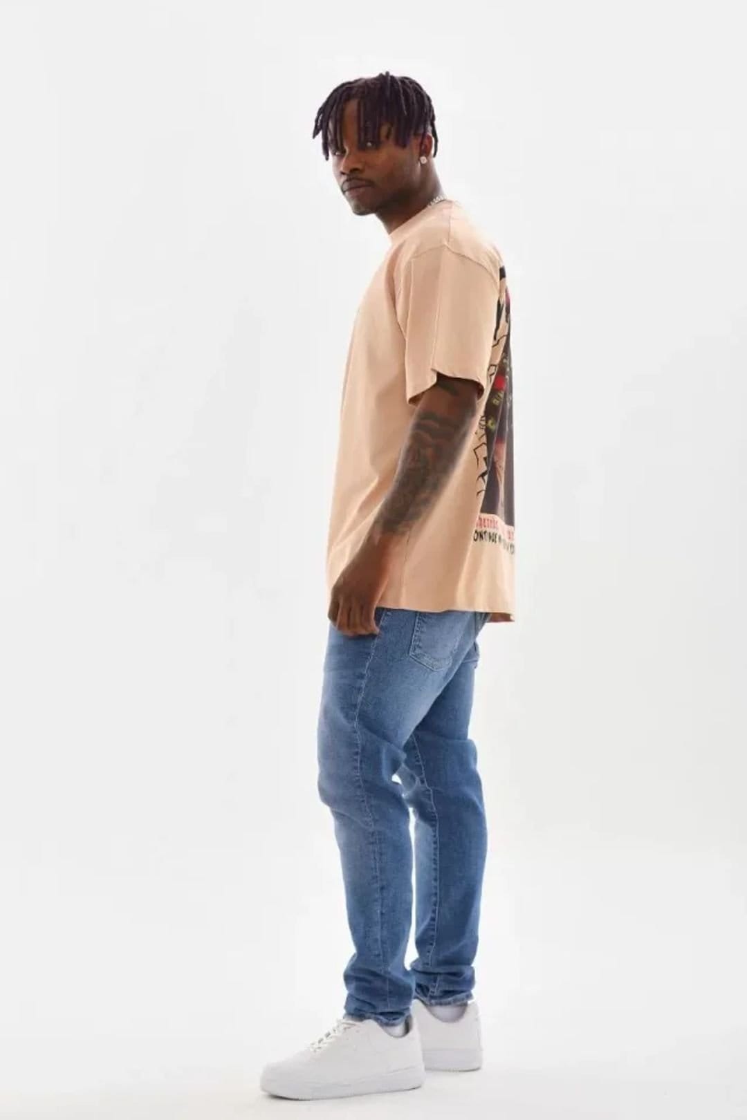 Janes Janes Men's Oversized Crew Neck T-Shirt with Back Print in Beige - 4