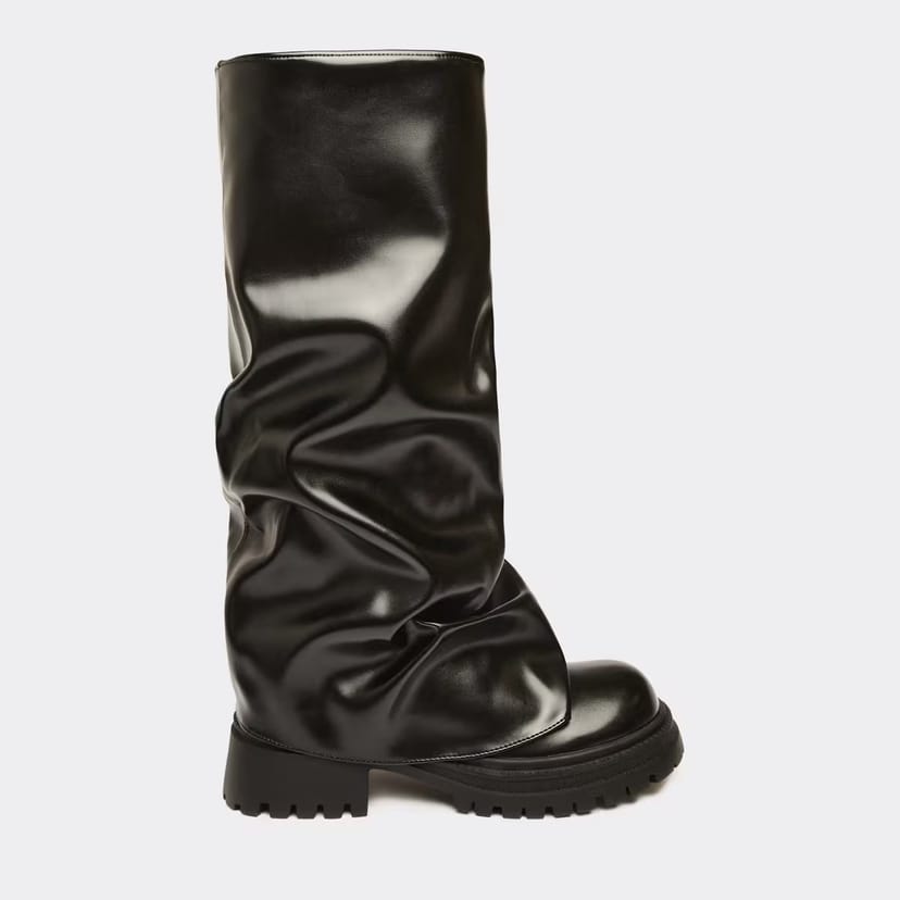 EGO Margot Layered Detail Knee High Long Biker Boot In Black Faux Leather., Women's Size UK 3 - 1