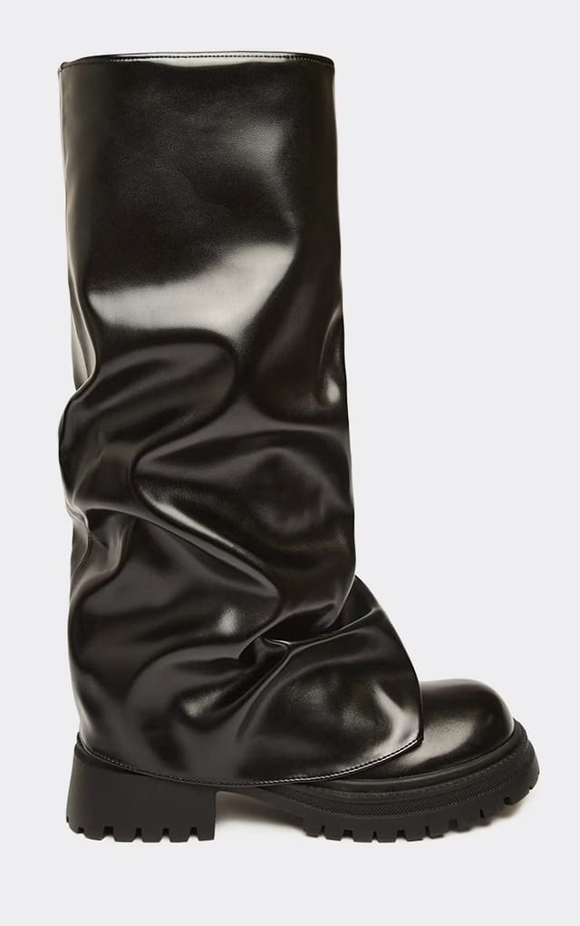 EGO Margot Layered Detail Knee High Long Biker Boot In Black Faux Leather., Women's Size UK 3 - 2