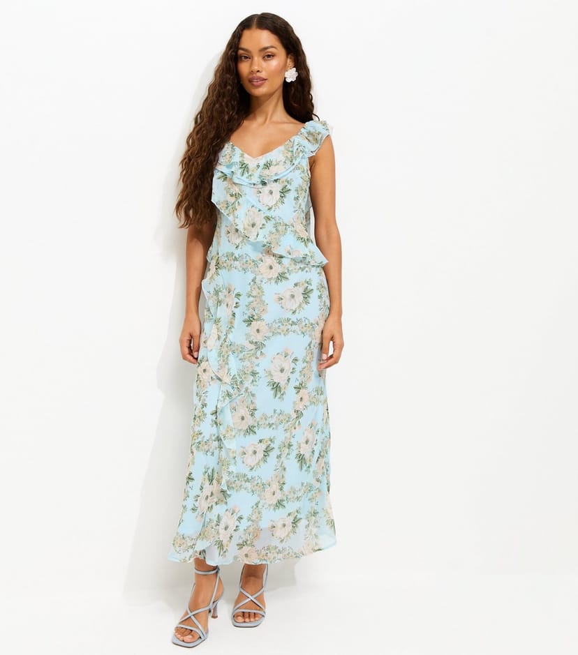 New Look Women's Petite Light Blue Floral Print Ruffled Chiffon Midi Dress New Look - 1