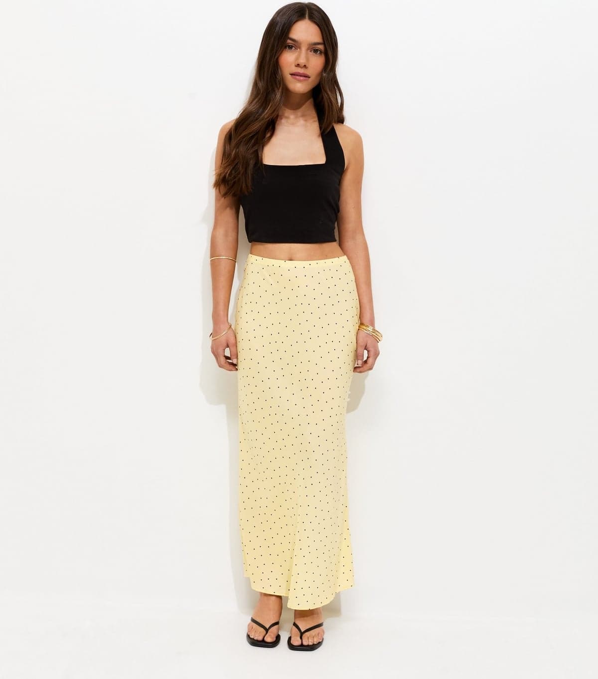 New Look Women's Petite Yellow Polka Dot Bias Cut Midi Skirt New Look