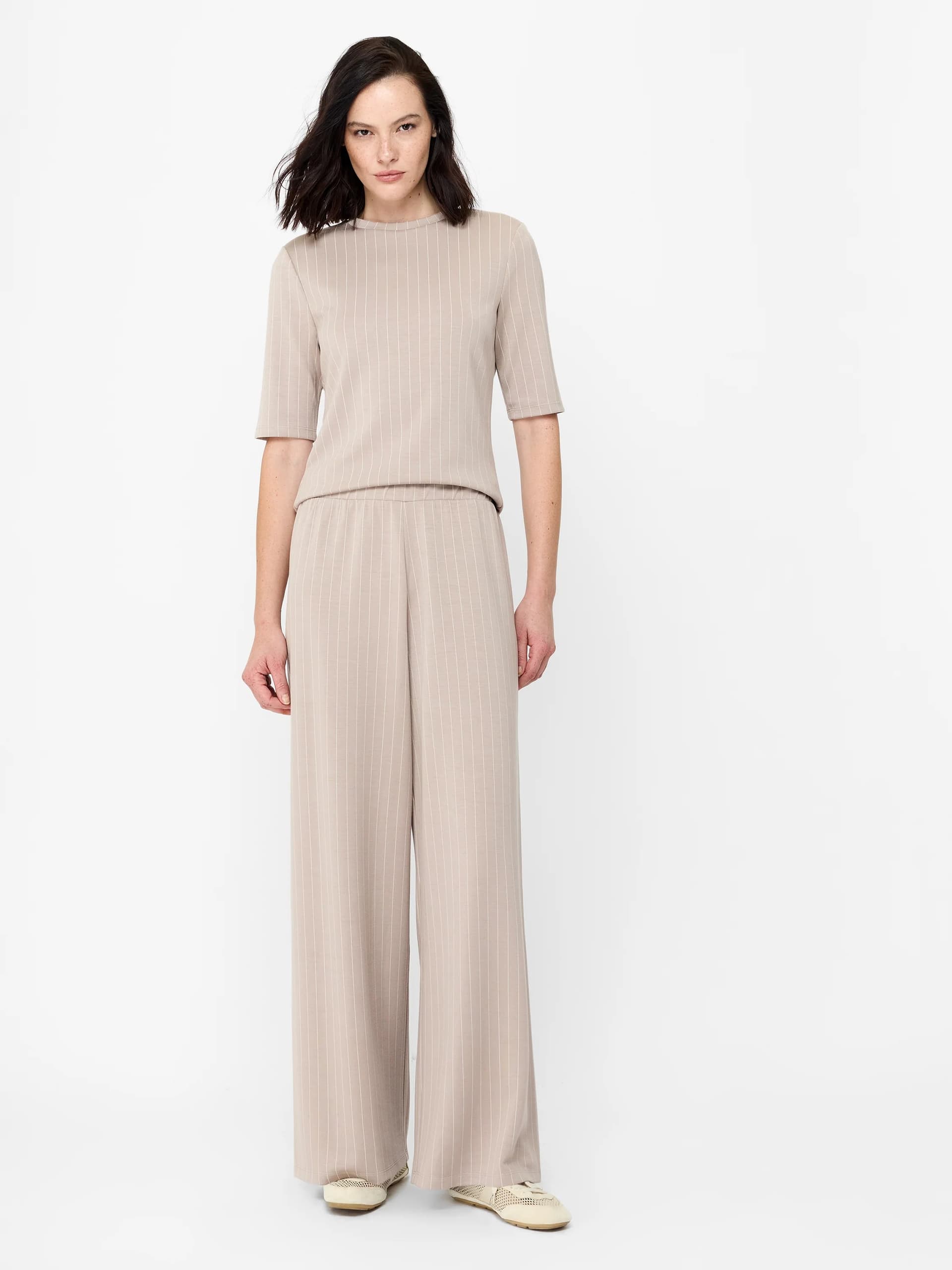 French Connection Regina Brown Pinstripe Jersey Wide Leg Trousers Macchiato Brown