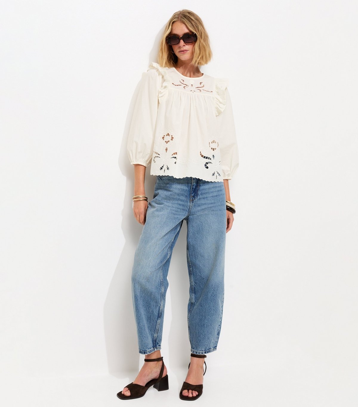 New Look Women's Cream Broderie Anglaise Frill Trim Blouse New Look - 3