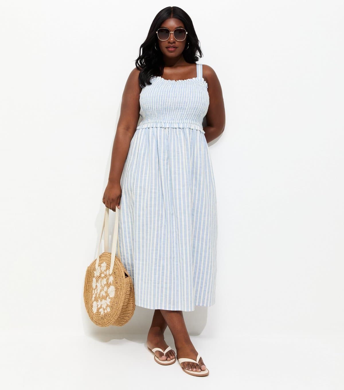New Look Women's Plus Size Blue Striped Shirred Midi Dress Curves New Look