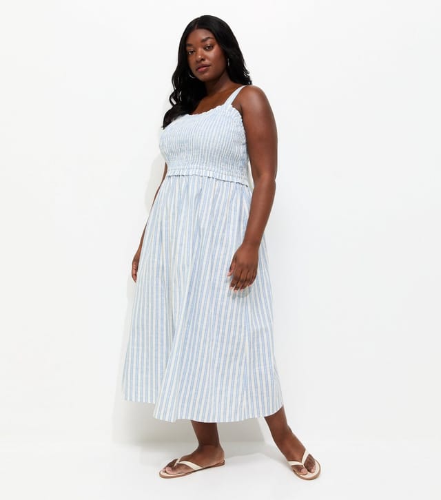 New Look Women's Plus Size Blue Striped Shirred Midi Dress Curves New Look - 3