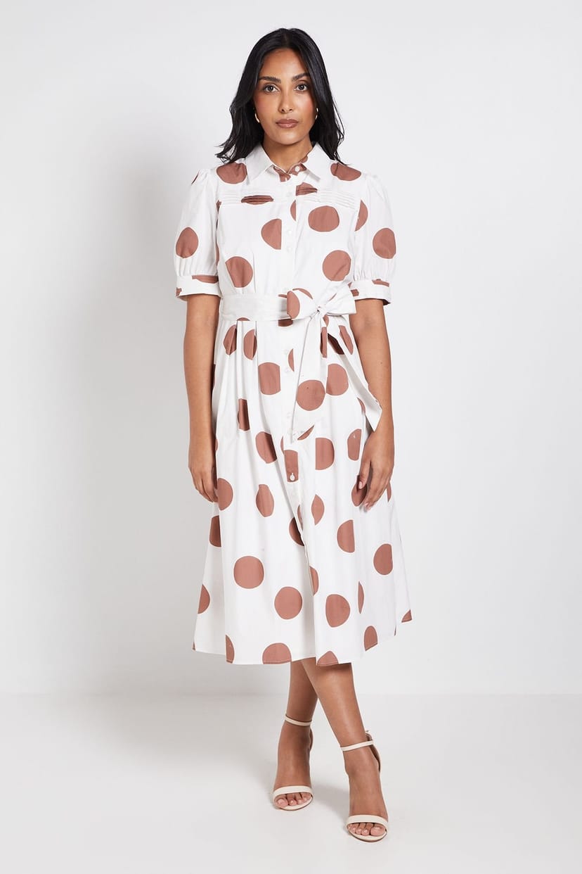 Wallis Wallis Women's Petite Polka Dot Print Pintuck Midi Shirt Dress in Ivory - 1