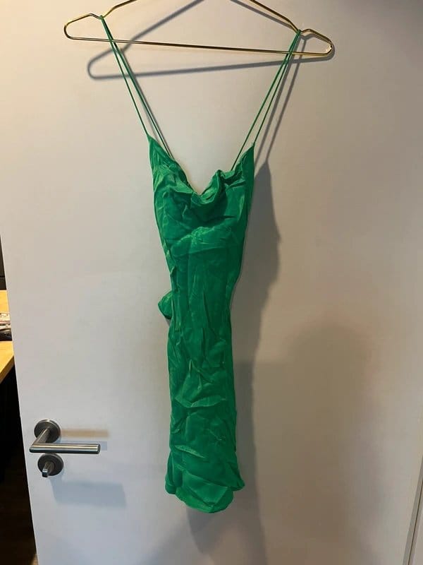 Zara Zara bright green emerald satin strappy cross over cowl neck open back backless mini dress - 1