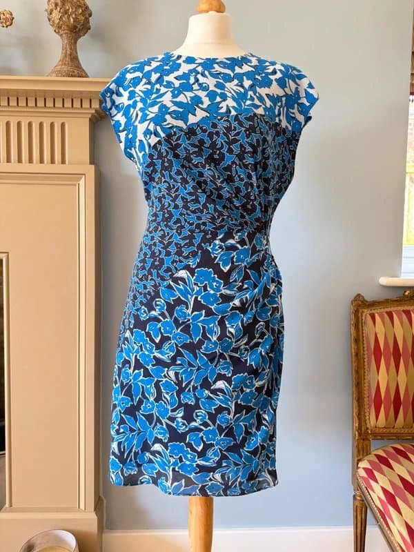 Whistles Whistles Navy Turquoise Blue White Floral Silk Dress UK12