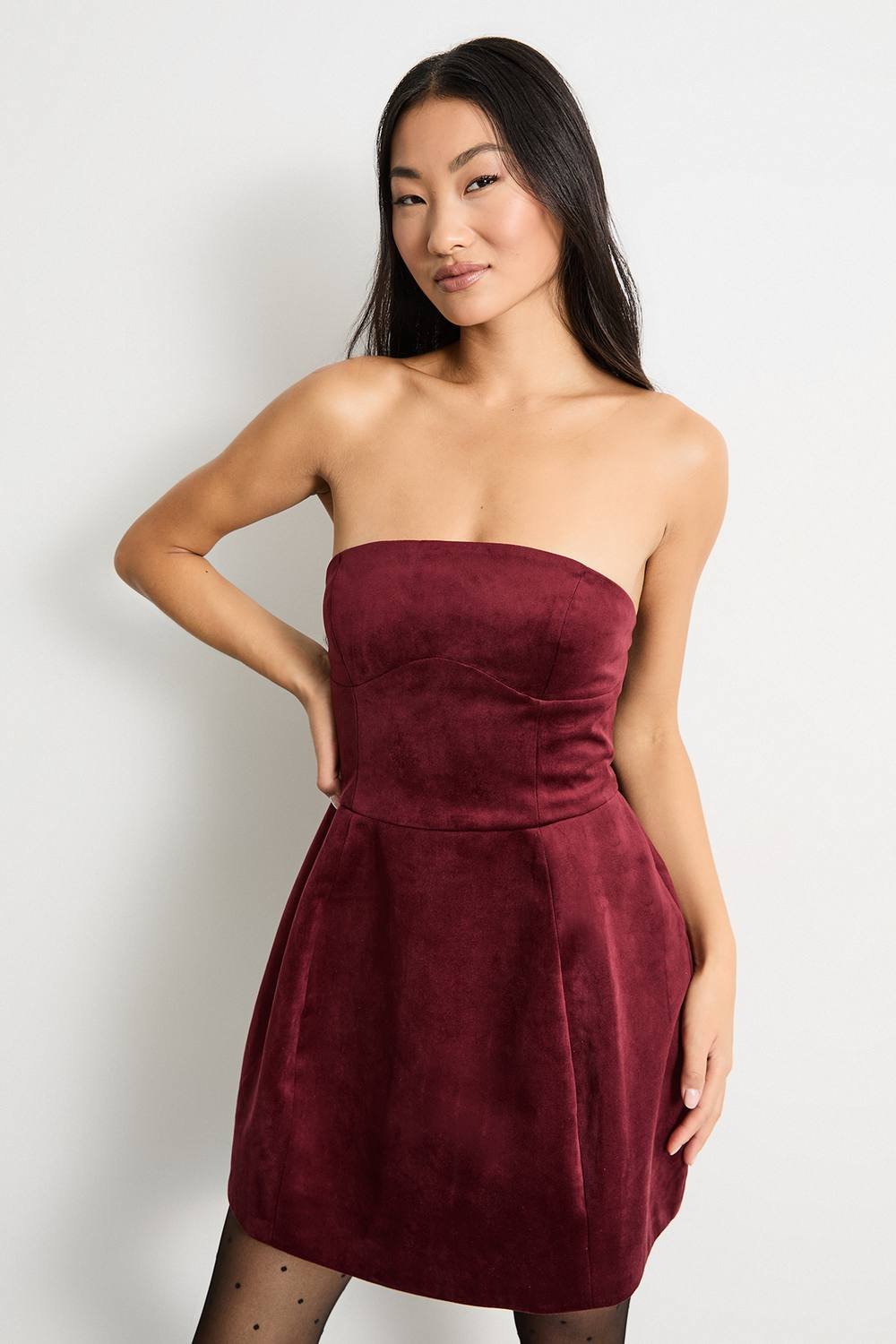 Warehouse Warehouse Women's Petite Bonded Velvet Mini Bustier Dress in Burgundy - 2