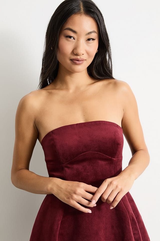 Warehouse Warehouse Women's Petite Bonded Velvet Mini Bustier Dress in Burgundy - 2