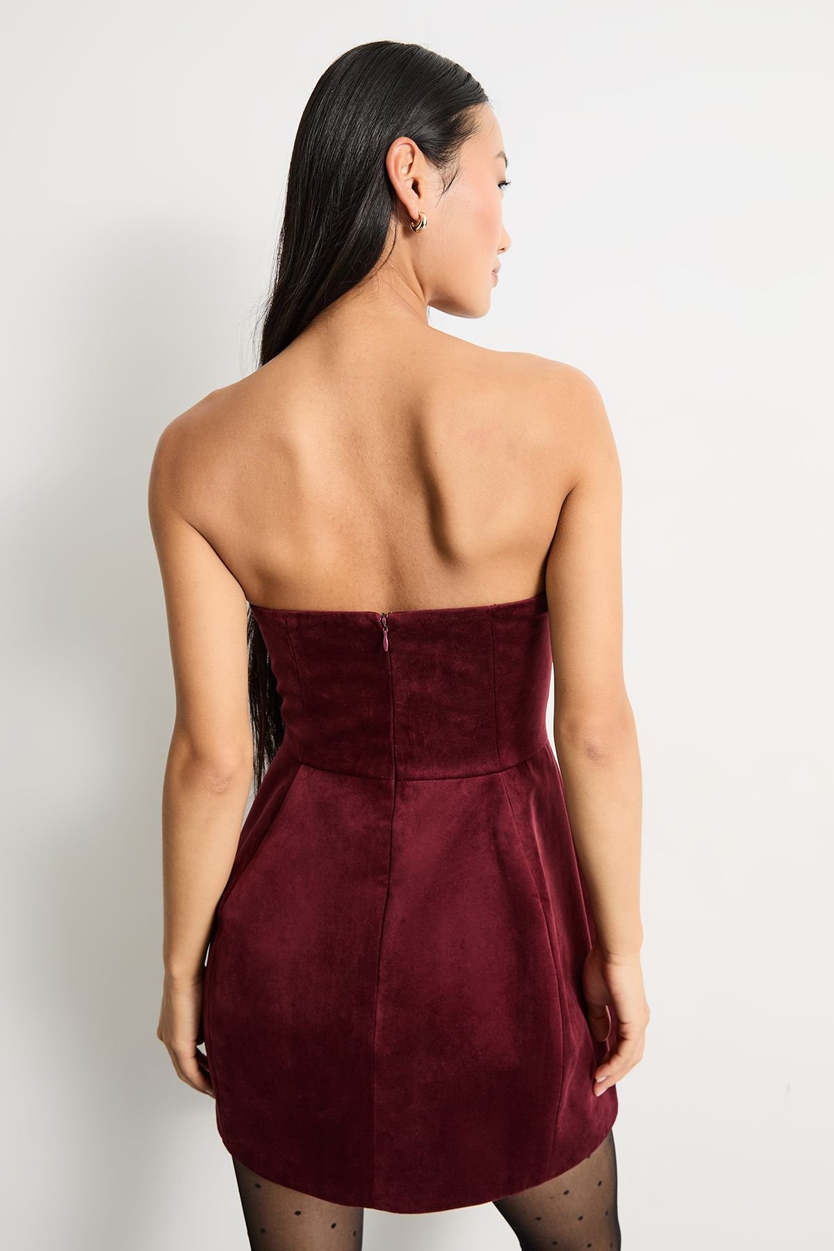 Warehouse Warehouse Women's Petite Bonded Velvet Mini Bustier Dress in Burgundy - 3