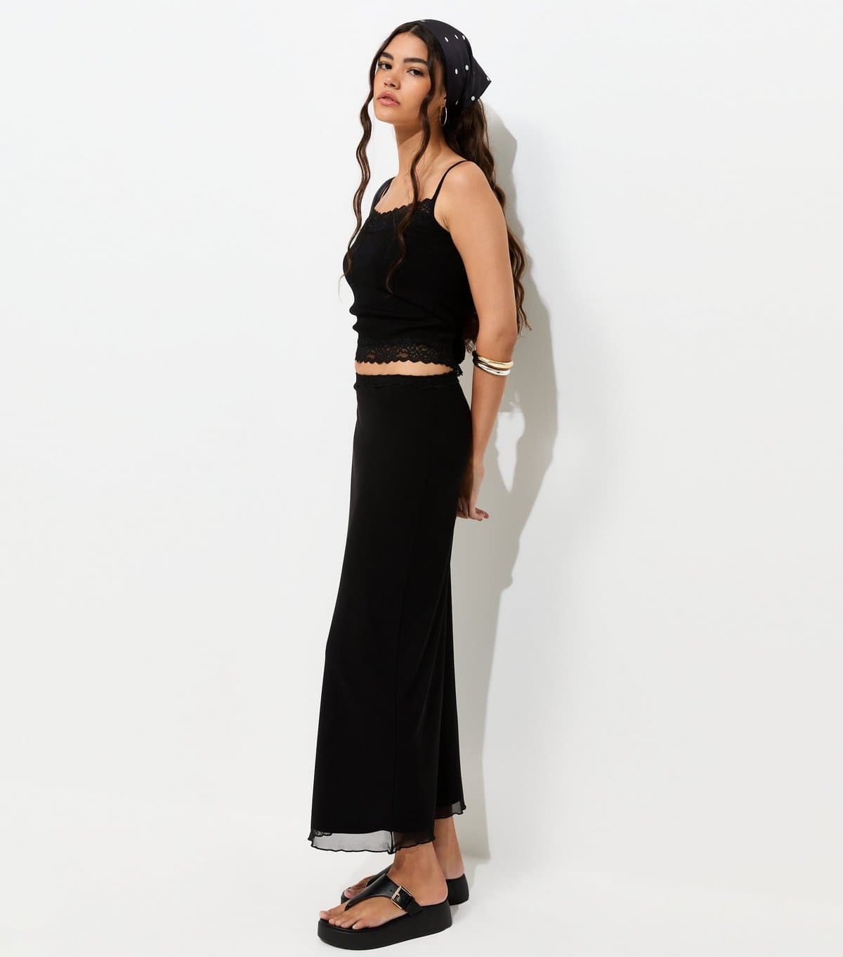 New Look Women's Black Lace Waistband Mesh Midi Skirt New Look