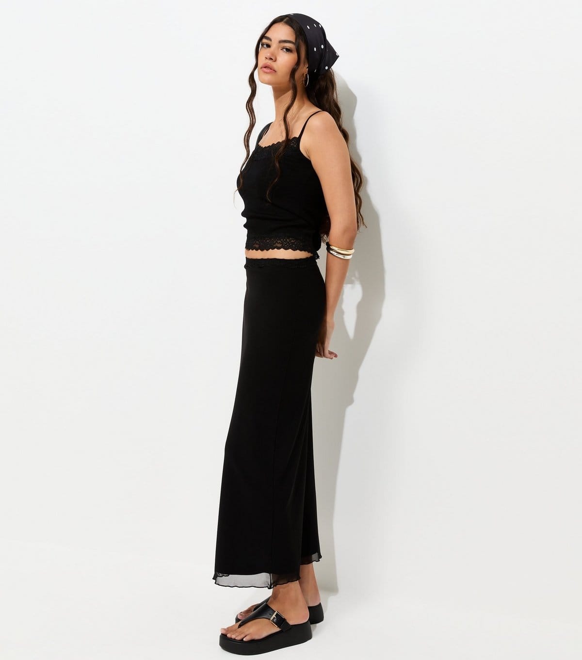 New Look Black Lace Waistband Mesh Midi Skirt
