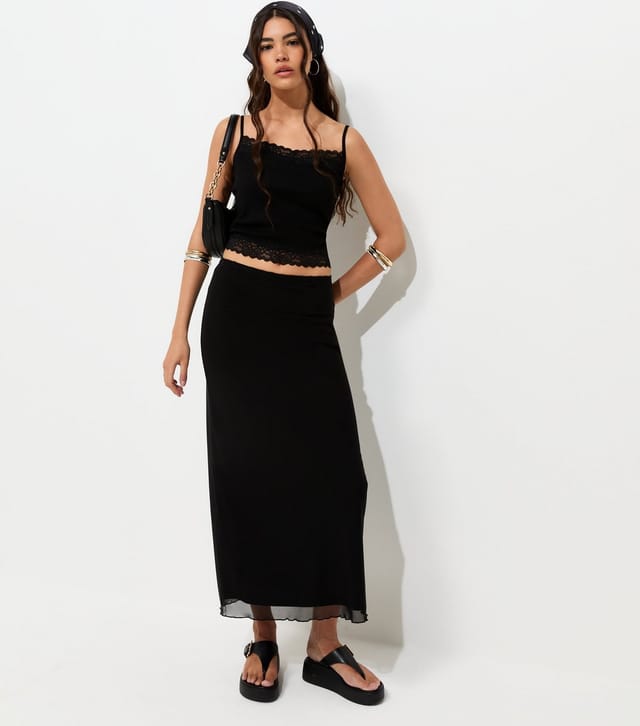 New Look Women's Black Lace Waistband Mesh Midi Skirt New Look - 2