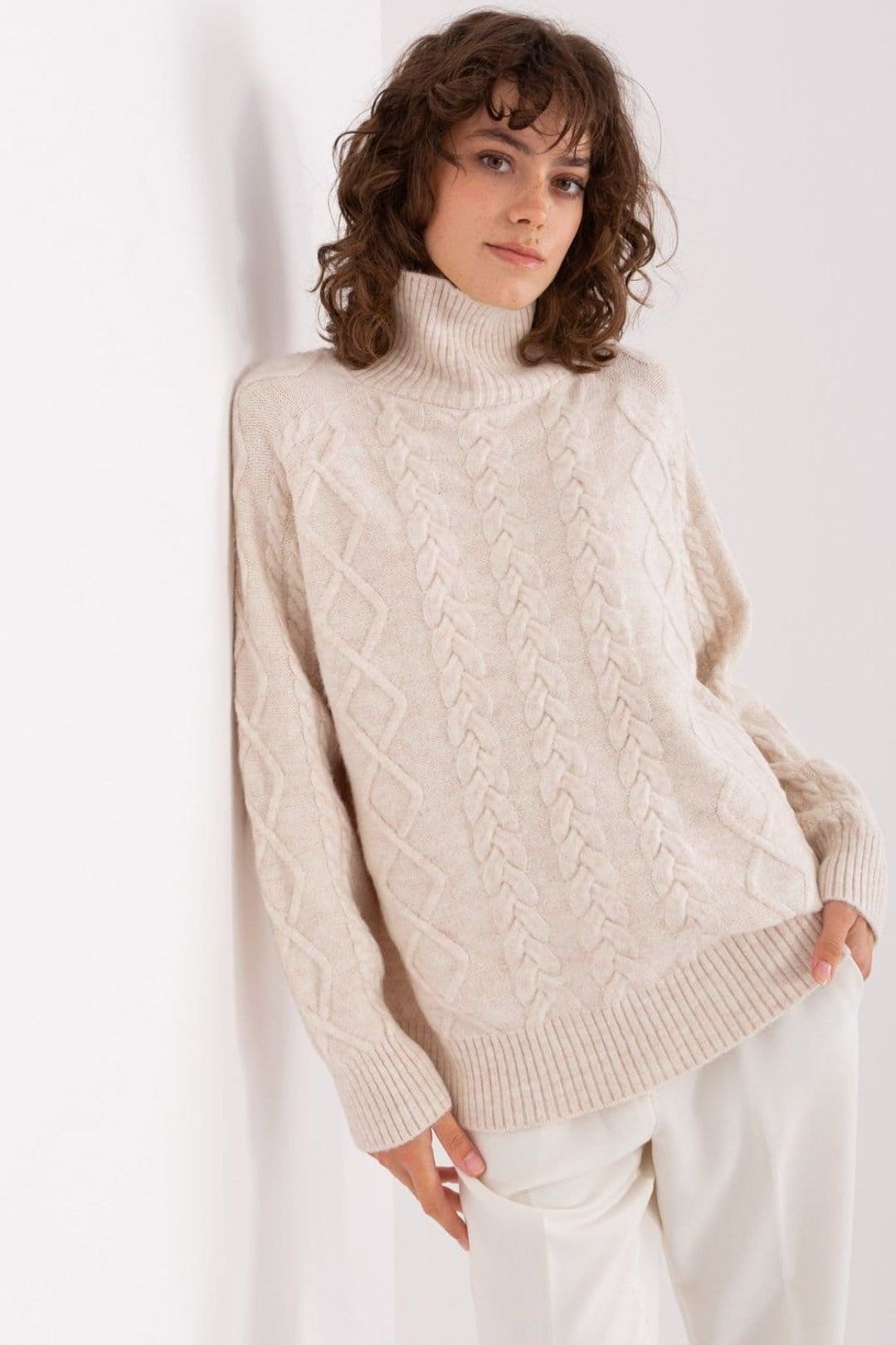 Love Lace Beige Acrylic Plaid Turtleneck Sweater