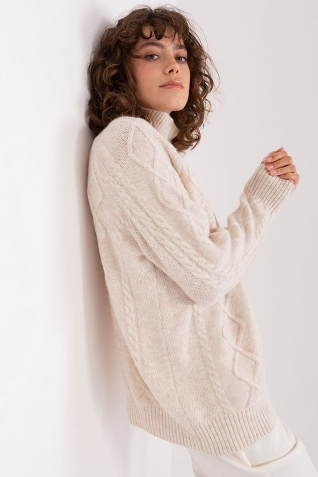 Love Lace Love Lace Women's Acrylic Plaid Turtleneck Sweater Long Sleeve in Beige - 2