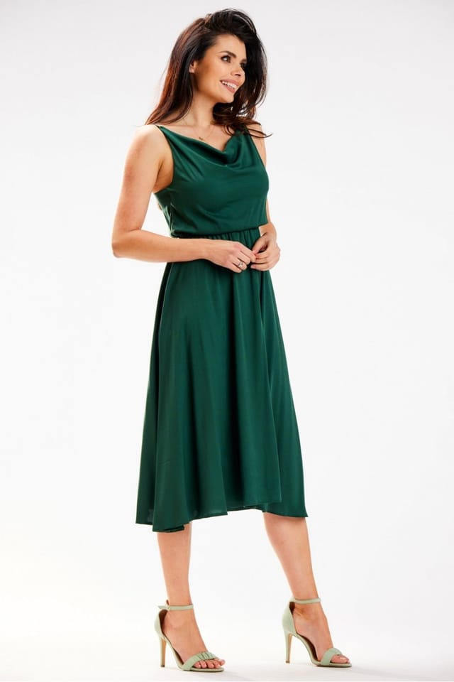 Love Lace Love Lace Women's Elegant Crinkled Neck Midi Dress Elastic Waist in Green - 2