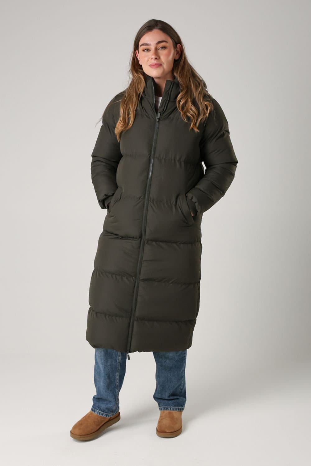 French Connection French Connection Women's Longline Quilted Puffer Jacket with Hood in Khaki