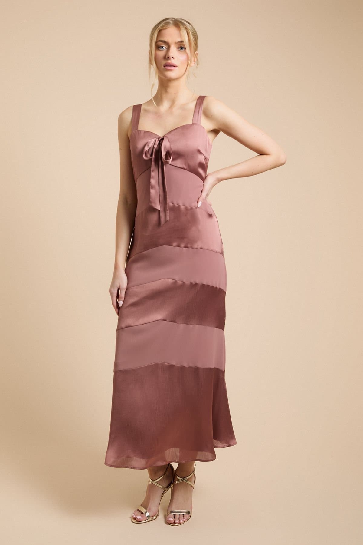 Oasis Oasis Women's Satin & Chiffon Mix Bow Front Cami Dress in Chocolate
