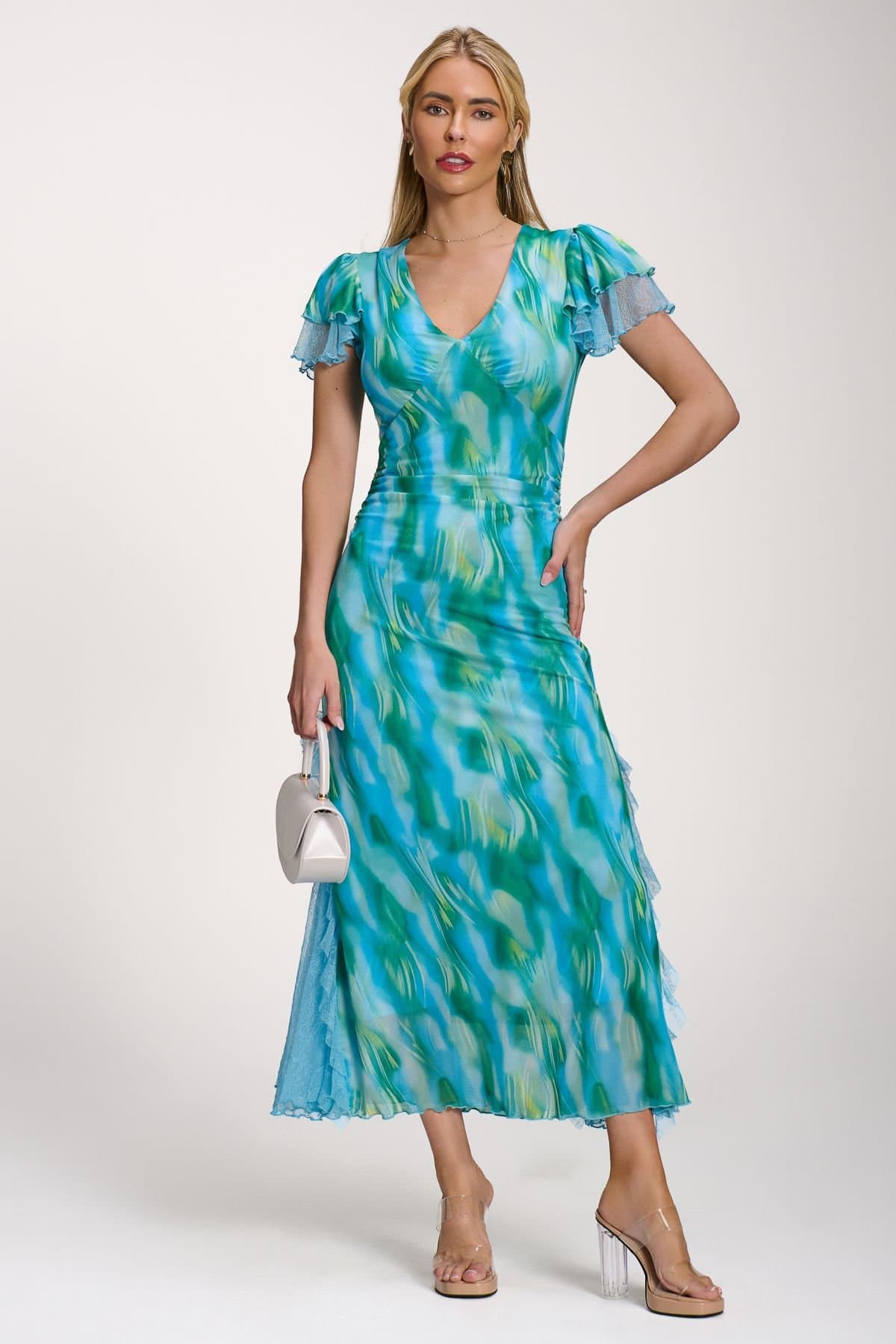 Jolie Moi Jolie Moi Women's Lace Insert Mesh Midi Dress in Bright Blue