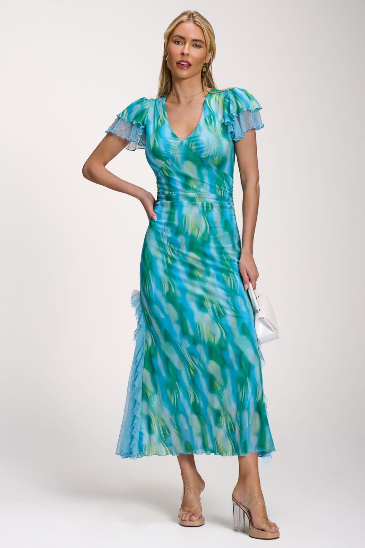 Jolie Moi Jolie Moi Women's Lace Insert Mesh Midi Dress in Bright Blue - 4