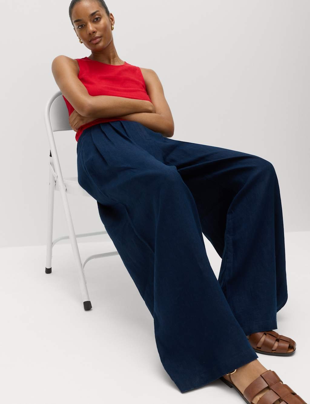 Marks & Spencer M&S Pure Linen Wide Leg Trousers Navy - 3