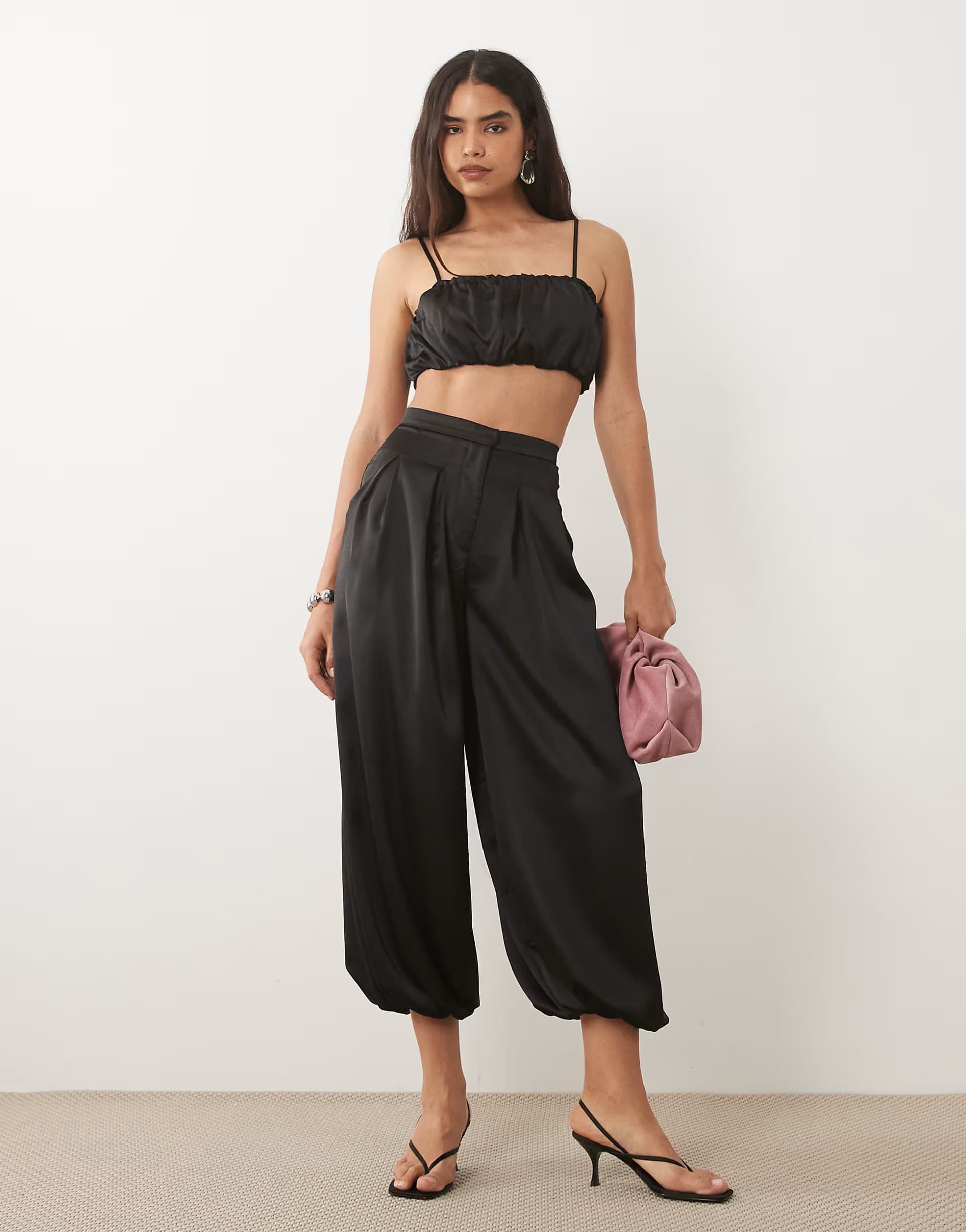 ASOS ASOS DESIGN satin bubble pleated trouser co ord in black