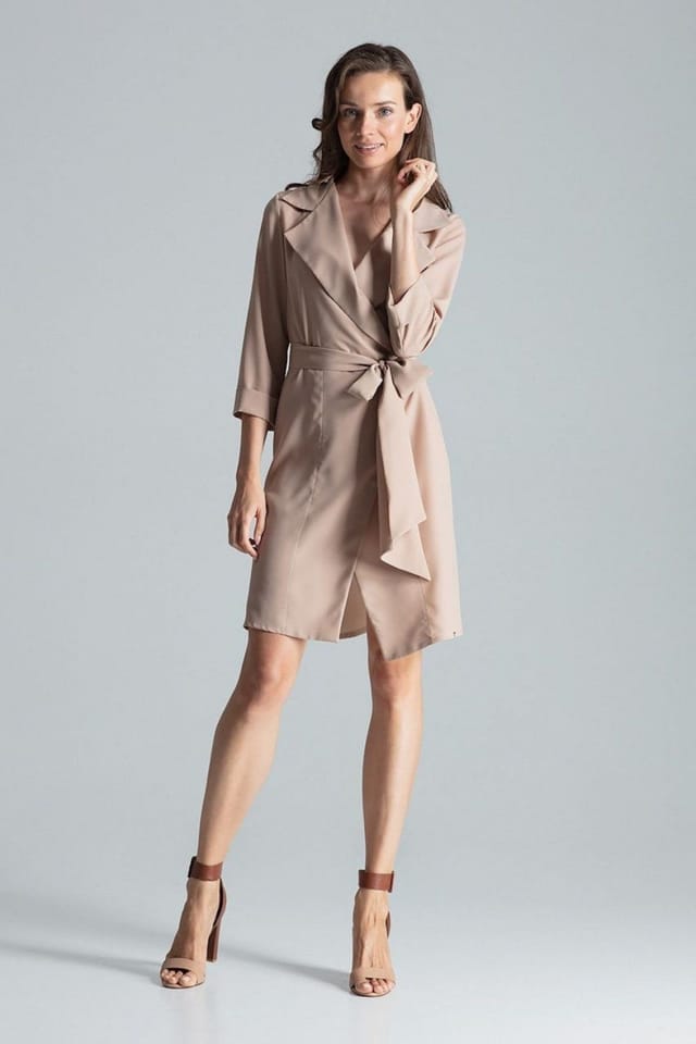 Love Lace Love Lace Women's Beige Shirt Dress with Waist Tie Collar - 2