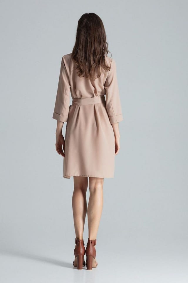 Love Lace Love Lace Women's Beige Shirt Dress with Waist Tie Collar - 3