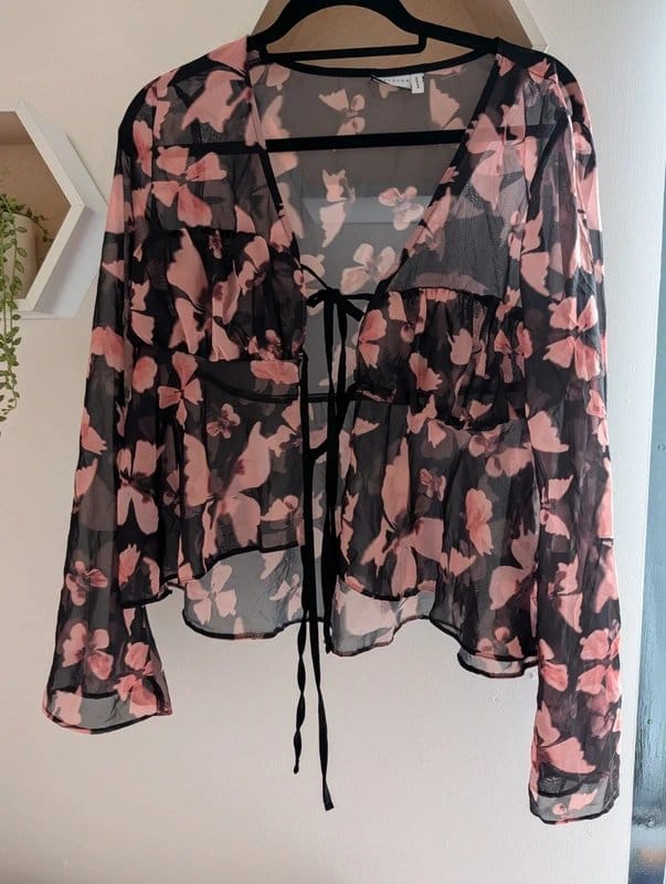 ASOS Design Black and Pink Floral Mesh Blouse UK 14