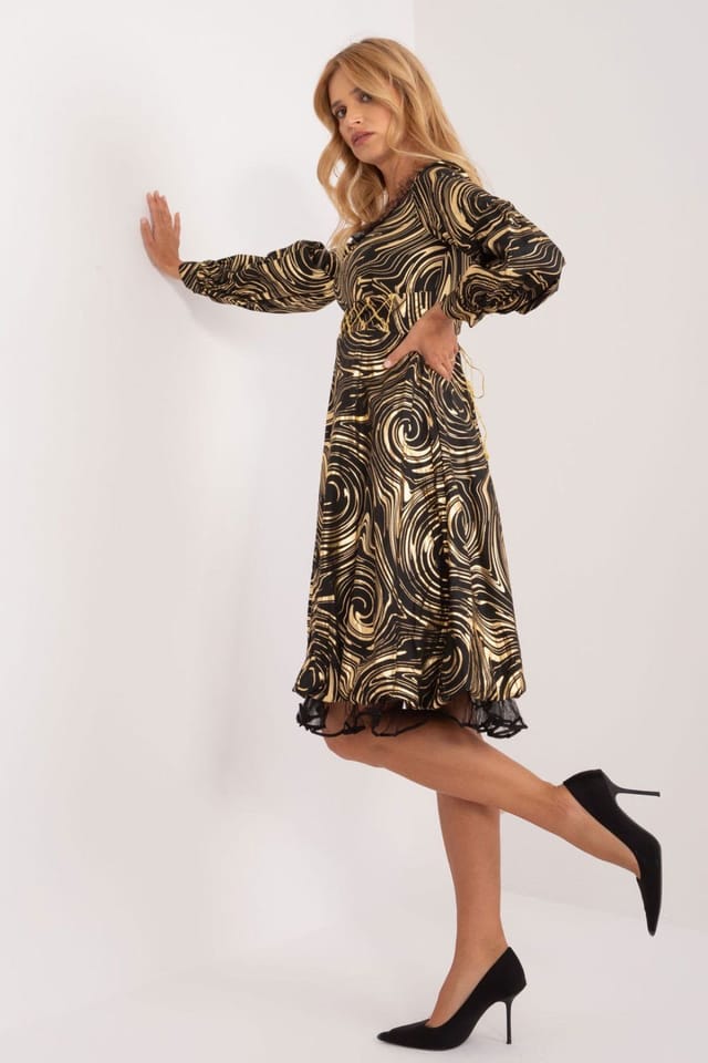 Love Lace Love Lace Women's Printed Flared Evening Dress with Long Sleeves in Black - 2